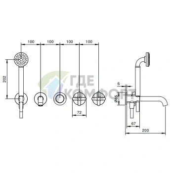 Смеситель для души Fantini Icona Classic встроенный на 2 выхода с ручным душем (хром) (53 02 R019B) - фото 2
