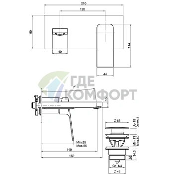 Встраиваемый смеситель для раковины Carlo Frattini Fit с донным клапаном click-clack, излив 149 мм, черный матовый (F3391X5NS) - фото 2