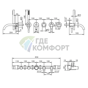 Встраиваемый смеситель для ванны Fantini AL/23 с двумя источниками и высоким изливом (190 мм), хром (26 02 B719B) - фото 2