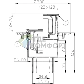 Трап HL310N с решеткой 115x115мм с вертикальным выпуском DN110/75/50 - фото 3