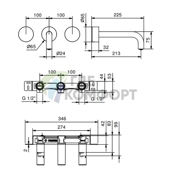 Настенный смеситель для раковины Fantini AF/21 Matt Gun Metal PVD (27 P5 A813B) - фото 2