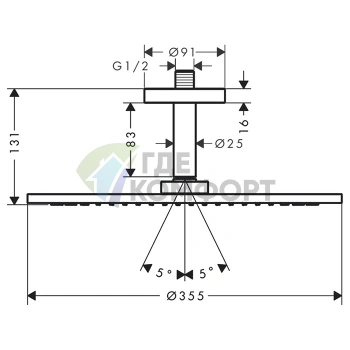 Верхний душ AX с держателем, 350 мм, шлифованный никель (26035820) - фото 2