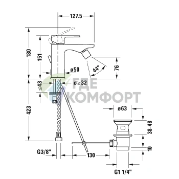 Смеситель для биде Duravit B.3 с донным клапаном, хром (B32400001010) - фото 2