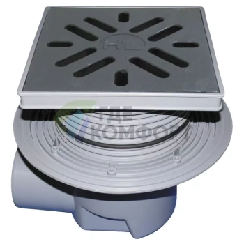 Трап HL615W с решеткой в подрамнике 226x226 мм-грязеуловителем и горизонтальным выпуском DN110 - фото 1