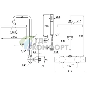Термостатический смеситель для душа Stella Bamboo с полной комплектацией (UN 02611 CR00) - фото 2
