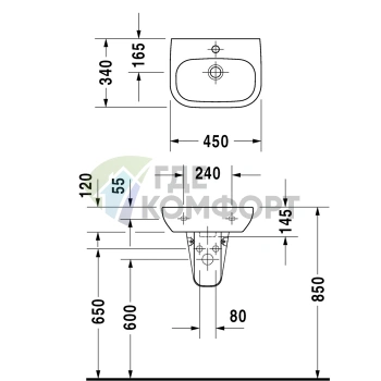 Раковина Duravit D-Code для рук с переливом, 450x340 мм, белая (7054500002) - фото 2