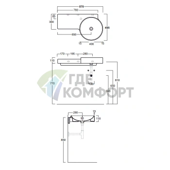 Раковина SIMAS Flow круглая подвесная 87х49 5см с левой полкой sx c 1 намеч отверстием цвет белый - фото 2