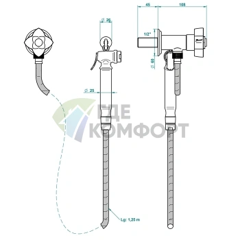 Гигиенический душ THG PETALE DE CRISTAL BLEU с запорным вентилем, шлангом 1250 мм и держателем, прозрачное стекло, полированное золото (U6B-F01-5840/8) - фото 2