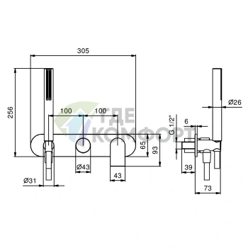 Встраиваемый смеситель для душа Fantini Mare двойного монтажа с ручным душем (хром) (51 02 V084B) - фото 2