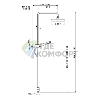 Душевая стойка Nicolazzi с верхним душем 20 см, переключателем и ручным душем в цвете натуральная латунь (5714WSGO20) - фото 2