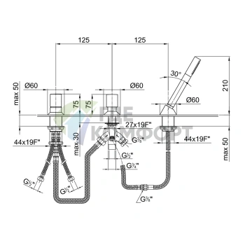 Смеситель для ванны Fantini Nostromo на борт с ручным душем, 2 ввода, хром (50 02 1667) - фото 2