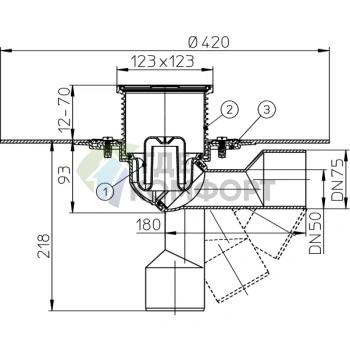 Трап HL80.1H с решеткой 115x115 мм-с гидроизоляционным полотном и выпуском в виде поворотного шарнира от 0° до 90° - фото 3