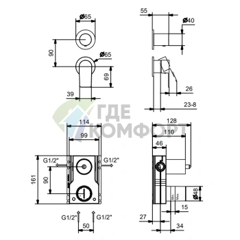 Встраиваемый смеситель для душа Fantini MYO: наружная панель на 2 выхода, матовый черный (61 13 V681B) - фото 2