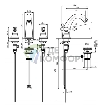 Смеситель для раковины FIMA|Carlo Frattini Epoque на 3 отверстия с донным клапаном в хроме (F5071CR) - фото 2
