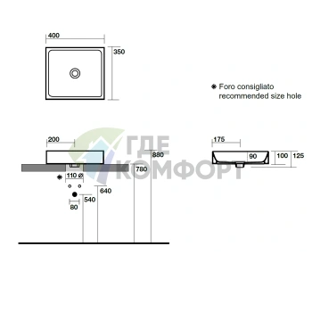Раковина KERASAN Lavabi прямоугольная накладная 40х35 без отв цвет белый - фото 2