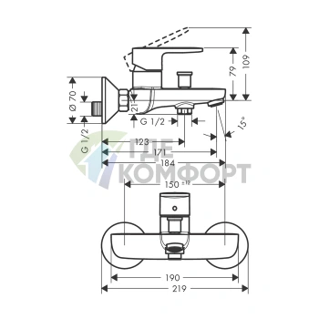 Смеситель для ванны и душа Hansgrohe Vernis Blend настенный, хром, с переключателем и двумя уровнями расхода воды (71454000) - фото 2