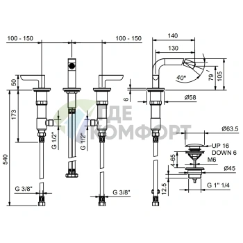 Смеситель для биде Fantini Icona Deco с донным клапаном, 3 отв., хром (53 02 R108) - фото 2