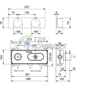 Смеситель термостатический настенный встраиваемый FANTINI AF/21 с переключателем на 2 положения, цвет Matt Gun Metal PVD (27 P5 A972B) - фото 2