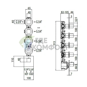 Термостат для душа Bossini Oki встраиваемый с девиатором и 3 запорными вентилями, хром (Z031208.030) - фото 2