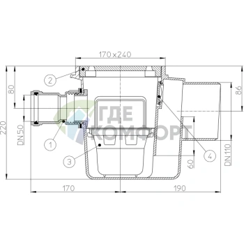 Трап HL71.1 с решеткой 170x240 мм-с грязесброником-лочком-прочисткой-горизонтальным входом DN50 и горизонтальным выпуском DN110 - фото 3