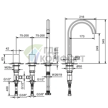Смеситель для раковины Fantini Venezia с изливом 175 мм, 3 отверстия, цвет Nickel PVD (29 95 N405SW) - фото 2