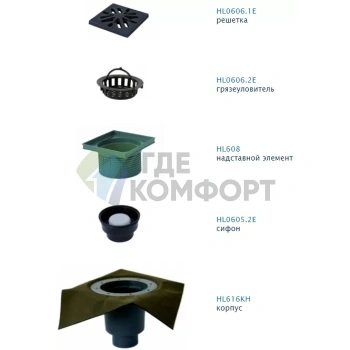 Трап HL616HW с решеткой 226x226 мм-с полимербитумным полотном-грязеуловителем и вертикальным выпуском DN110 - фото 2