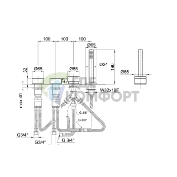Смеситель для ванны Fantini AF/21 на борт, 4 отверстия, без излива, матовое золото British Gold PVD (27 P6 A267) - фото 2