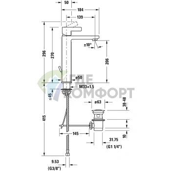 Duravit D-Neo: Однорычажный смеситель для раковины с донным клапаном, хром (DE1030001010) - фото 2