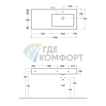 Раковина GLOBO Incantho с крылом слева подвесная (1160х510 мм) без отверстия под смесительитель цвет visone - фото 2