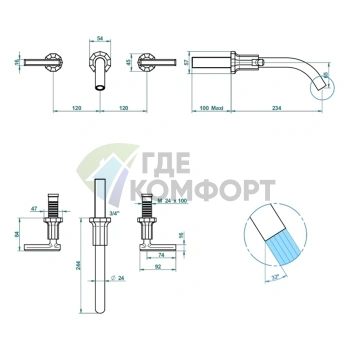 Смеситель для раковины THG Les Ondes настенный двухвентильный матовый никель (G8B-C01-40GB) - фото 2