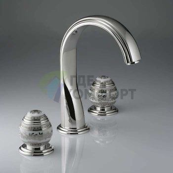 Смеситель для раковины THG MARQUISE BLANC DECOR PLATINE на 3 отверстия с донным клапаном, белые ручки, декор платина, хром (A7G-A02-151) - фото 1