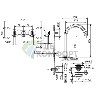 Смеситель Fantini настенный для 1 отверстия, подключение 1/2 (19 00 5911A) - фото 2