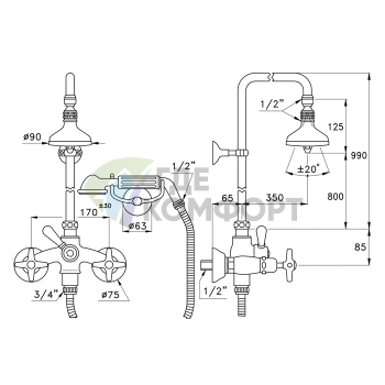 Душевой комплект Stella Italica: смеситель, штанга с ручным и верхним душем 90 мм, хром (IT 02510 CR00) - фото 2