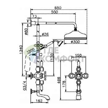Настенная душевая система HUBER Victorian с термостатом, верхним и ручным душем в бронзовом цвете (590.VN32H.BA) - фото 2