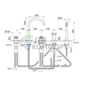 Смеситель Fantini AL/23 для установки на борт ванны, 5 отверстий, излив 160 мм, хром (26 02 B265) - фото 2