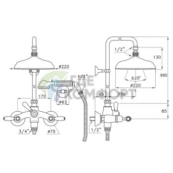 Stella Italica Leve: Душевой комплект со смесителем, штангой и душем 220 мм в хроме (IL 02512 CR00) - фото 2