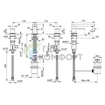 Смеситель для раковины Fantini Mint с донным клапаном, 3 отверстия, излив 140 мм, хром (34 02 F304) - фото 2