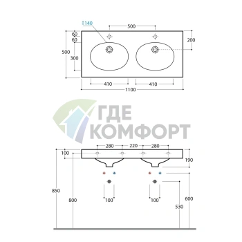 Раковина Globo Bowl+ двойная 110х50х19см белая - фото 2