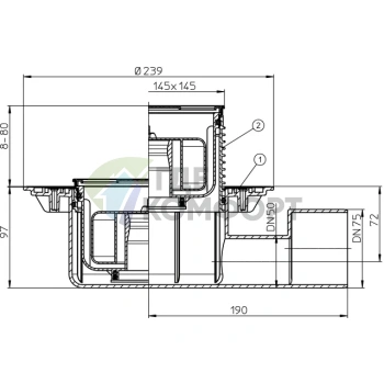 Трап HL5100Pr с решеткой 138x138 мм-сифоном Primus и горизонтальным выходом DN50/75 - фото 3