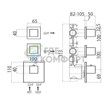 Термостатический смеситель для душа Bossini Cube со скрытым монтажом и распределительным клапаном (Z032203.030) - фото 2