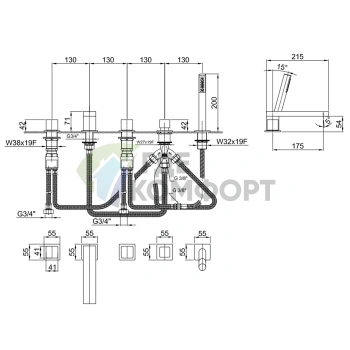 Смеситель для ванны Fantini Mint с ручным душем, 5 отверстий, хром (34 02 F165) - фото 2