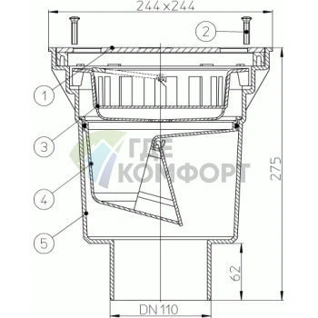 Трап HL606S с решеткой 226x226 мм-незамерзающим запахозапирающим устройством и вертикальным выпуском DN110 или DN160 - фото 3