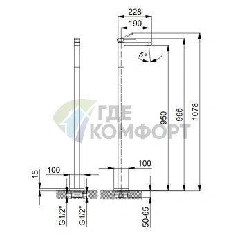Напольный смеситель для раковины Fantini Mint без донного клапана, хром (34 02 F036B) - фото 2