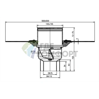 Трап HL3100TH с решеткой 138x138 мм-с приварным полимербитумным полотном-незамерзающим затвором и вертикальным выпуском DN75/110 - фото 3
