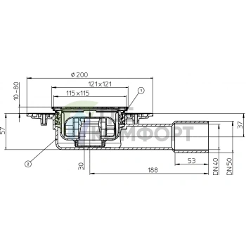 Трап HL90Pr-3000 с решеткой 115x115 мм-с сифоном Primus и горизонтальным выпуском DN40/50 - фото 3