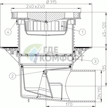 Трап HL615 с решеткой в подрамнике 226x226 мм-незамерзающим затвором и вертикальным выпуском DN110 - фото 3