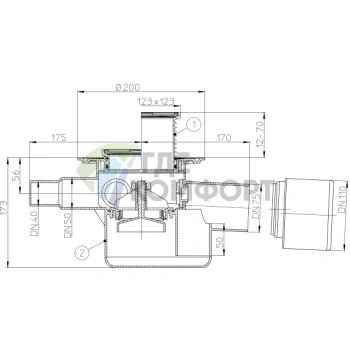 Трап HL70 с решеткой 115x115 мм-с горизонтальными нормально заглушенными тремя входами DN40/50 и горизонтальным выходом DN75/110 - фото 3