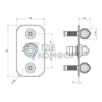 Термостатический смеситель для душа THG MANDARINE METAL с двумя запорными вентилями, хром/золото (U1A-G02-5400BE) - фото 2