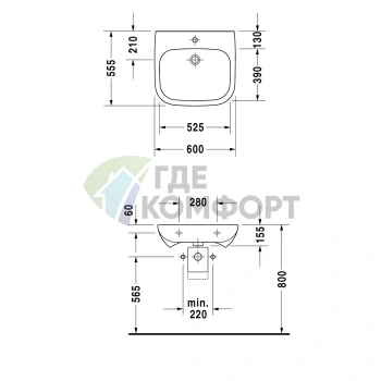 Медицинская раковина Duravit D-Code без перелива и отверстия 600x550 мм белого цвета (23136000702) - фото 2