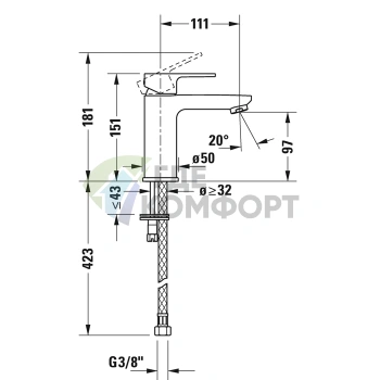 Смеситель для раковины Duravit B.3, 1 отверстие, короткий излив 111 мм, хром (B31010002010) - фото 2